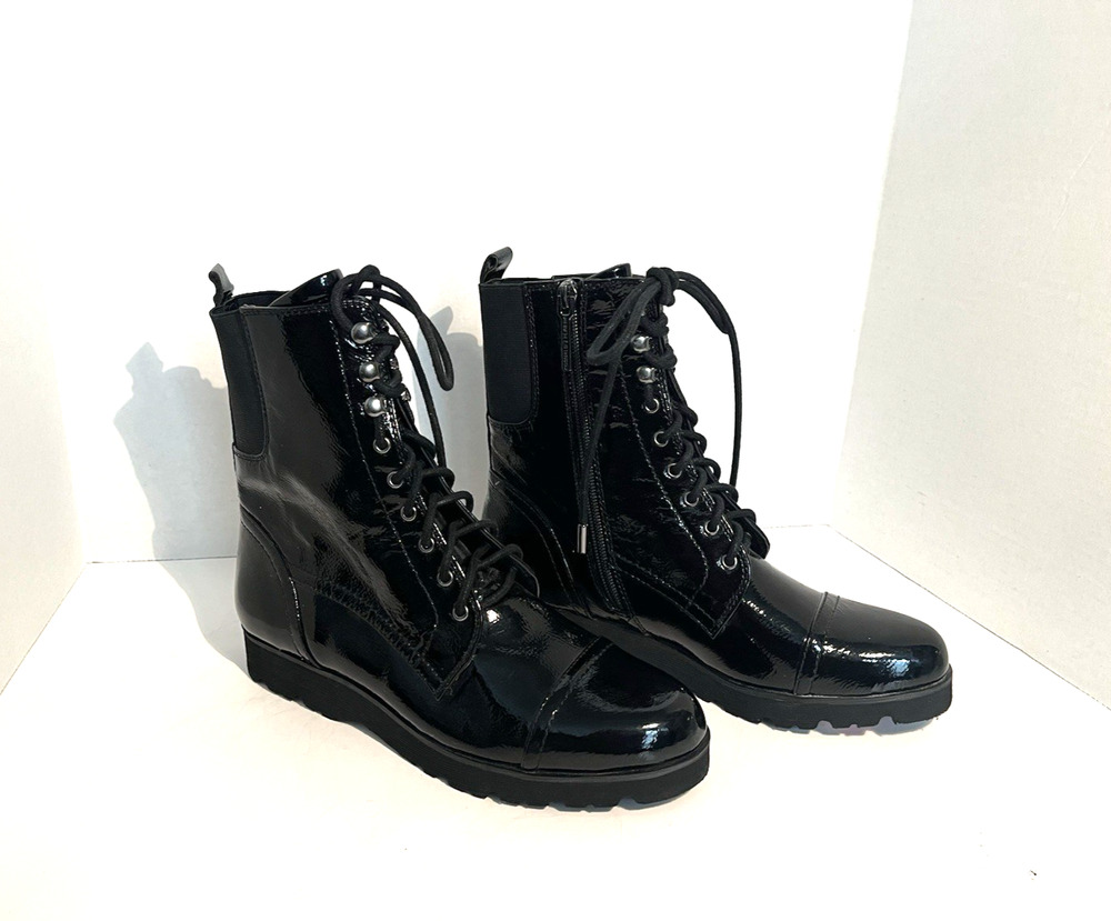DONALD PLINER BLACK LACE WITH ZIPPER PATENT LEATHER COMBAT BOOTS SZ 7, NEW